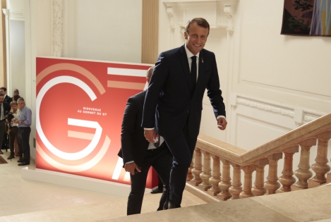  French President Emmanuel Macron in Biarritz, France, 25 August 2019, on the G7 summit. The G7 Summit runs from 24 to 26 August in Biarritz..
(Photo Patrick Aventurier/ABACA)
