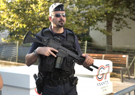  French police personnel gather in the designated ‟red zone‟ in Biarritz on the eve of the annual G7 Summit attended by the leaders of the world's France, on August 23, 2019. 
(Photo Patrick Aventurier/ABACAPRESS.COM)