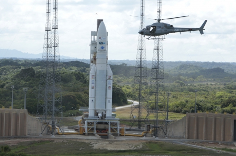  KOUROU, FRENCH GUIANA - NOVEMBER 26:The french army helicopters with sniper secure the launch pad of Ariane 5 at the Guyane European Spaceport.With the 250 launch of Ariane launcher family, this year 2020 Arianespace celebrates its 40th anniversary, on November 26, 2019 in Kourou, French Guiana. Since 1980 the company Arianespace conducting a combined total of 318 launches with 688 spacecraft passengers for more than 100 customers, performed by 250 Ariane launchers and new Vega, Soyuz. Ariane launcher family 1,2,3,4,5 versions in service from European Spaceport in French Guiana since 24/12/1979. The future will be ensured with the upcoming Ariane 6.(Photo by Patrick Aventurier/Getty Images)