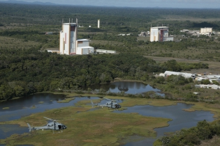  KOUROU, FRENCH GUIANA - NOVEMBER 26:The french army helicopters with sniper secure the launch pad of Ariane 5 at the Guyane European Spaceport.With the 250 launch of Ariane launcher family, this year 2020 Arianespace celebrates its 40th anniversary, on November 26, 2019 in Kourou, French Guiana. Since 1980 the company Arianespace conducting a combined total of 318 launches with 688 spacecraft passengers for more than 100 customers, performed by 250 Ariane launchers and new Vega, Soyuz. Ariane launcher family 1,2,3,4,5 versions in service from European Spaceport in French Guiana since 24/12/1979. The future will be ensured with the upcoming Ariane 6.(Photo by Patrick Aventurier/Getty Images)