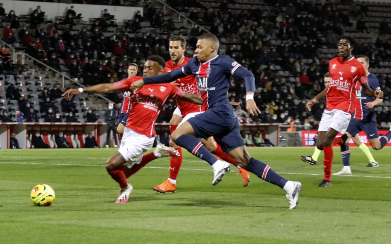  Paris Saint-Germain's French forward Kylian Mbappe scores a goal during the French Ligue 1 football match between Nimes (NO) and Paris Saint Germain (PSG) at the Costieres Stadium in Nimes, southern France, on October 16, 2020. Photo by Patrick Aventurier/ABACAPRESS.COM