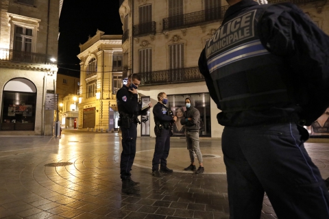 French Police patrol control people past closed restaurants terraces in Montpellier. The full curfew begins in Montpellier on Saturday, from 21:00 to 06:00 every night and other cities. The controversial night curfew is aimed at curbing the soaring coronavirus infection rate in France, which is one of Europe's coronavirus hotspots.The Paris region and eight other cities are affected, including Marseille, Lyon, Lille and Toulouse.Montpellier, on October 17, 2020. Photo by Patrick Aventurier/ABACAPRESS.COM