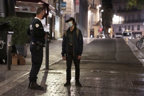  French Police patrol control people past closed restaurants terraces in Montpellier. The full curfew begins in Montpellier on Saturday, from 21:00 to 06:00 every night and other cities. The controversial night curfew is aimed at curbing the soaring coronavirus infection rate in France, which is one of Europe's coronavirus hotspots.The Paris region and eight other cities are affected, including Marseille, Lyon, Lille and Toulouse.Montpellier, on October 17, 2020. Photo by Patrick Aventurier/ABACAPRESS.COM