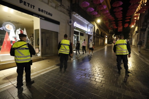  French Gendarmes patrol control people past closed restaurants terraces in Montpellier. The full curfew begins in Montpellier on Saturday, from 21:00 to 06:00 every night and other cities. The controversial night curfew is aimed at curbing the soaring coronavirus infection rate in France, which is one of Europe's coronavirus hotspots.The Paris region and eight other cities are affected, including Marseille, Lyon, Lille and Toulouse.Montpellier, on October 17, 2020. Photo by Patrick Aventurier/ABACAPRESS.COM
