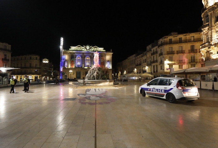  French Police patrol past closed restaurants terraces in Montpellier. The full curfew begins in Montpellier on Saturday, from 21:00 to 06:00 every night and other cities. The controversial night curfew is aimed at curbing the soaring coronavirus infection rate in France, which is one of Europe's coronavirus hotspots.The Paris region and eight other cities are affected, including Marseille, Lyon, Lille and Toulouse.Montpellier, on October 17, 2020. Photo by Patrick Aventurier/ABACAPRESS.COM