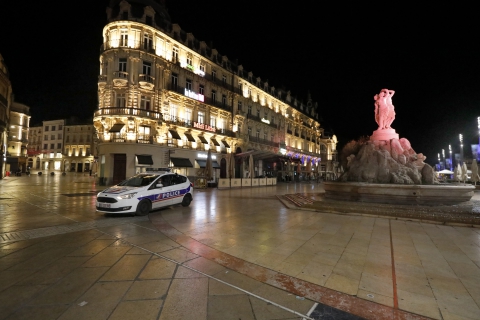  French Police patrol past closed restaurants terraces in Montpellier. The full curfew begins in Montpellier on Saturday, from 21:00 to 06:00 every night and other cities. The controversial night curfew is aimed at curbing the soaring coronavirus infection rate in France, which is one of Europe's coronavirus hotspots.The Paris region and eight other cities are affected, including Marseille, Lyon, Lille and Toulouse.Montpellier, on October 17, 2020. Photo by Patrick Aventurier/ABACAPRESS.COM