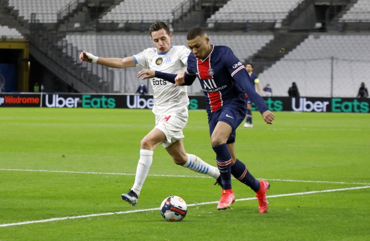  Kylian MBAPPE of PSG during the League 1 soccer match between Olympique de Marseille and Paris Saint-Germain at empty Velodome stadium due to Coronavirus restriction, in Marseille,France on February 07, 2021.Photo by Patrick Aventurier/Abacapress