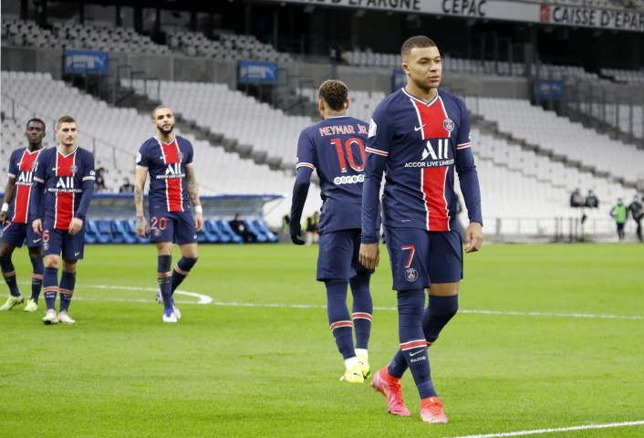  Kylian MBAPPE of PSG during the League 1 soccer match between Olympique de Marseille and Paris Saint-Germain at empty Velodome stadium due to Coronavirus restriction, in Marseille,France on February 07, 2021.Photo by Patrick Aventurier/Abacapress