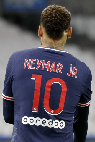  Neymar Jr of PSG during the League 1 soccer match between Olympique de Marseille and Paris Saint-Germain at empty Velodome stadium due to Coronavirus restriction, in Marseille,France on February 07, 2021.Photo by Patrick Aventurier/Abacapress