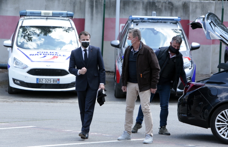  French President Emmanuel Macron meets with plainclothes policemen during a visit to the police headquarters in Montpellier, southern France, in Montpellier, France on April 19, 2021.Photo by Patrick Aventurier/Abacapress