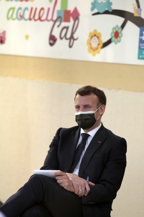  French President Emmanuel Macron takes part in a meeting at the headquarters of the local antenna of the CAF (French family allowance public services) in La Mosson neighborhood during his visit in Montpellier, France on April 19, 2021.Macron and his Minister of Interior, Gerald Darmanin, make a one day visit to Montpellier on the theme of security and policing.Photo by Patrick Aventurier/Abacapress