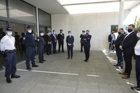  French President Emmanuel Macron meets with plainclothes policemen during a visit to the police headquarters in Montpellier, southern France, in Montpellier, France on April 19, 2021.Photo by Patrick Aventurier/Abacapress