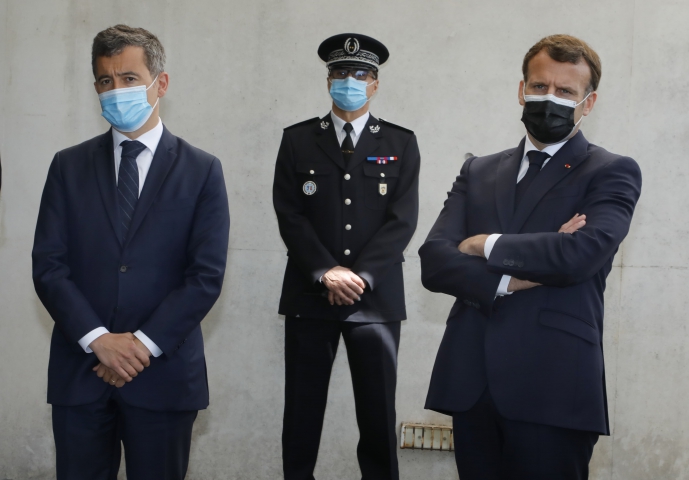  French President Emmanuel Macron and his Minister of Interior, Gerald Darmanin meets with policemen during a visit to the police headquarters in Montpellier, southern France, in Montpellier, France on April 19, 2021.Photo by Patrick Aventurier/Abacapress