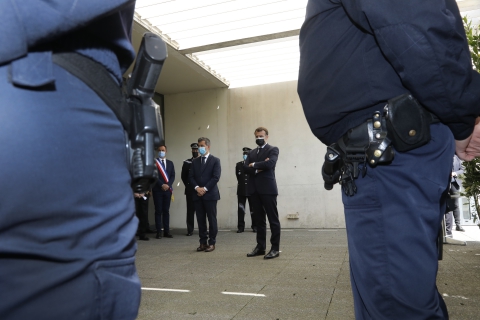  French President Emmanuel Macron and his Minister of Interior, Gerald Darmanin meets with policemen during a visit to the police headquarters in Montpellier, southern France, in Montpellier, France on April 19, 2021.Photo by Patrick Aventurier/Abacapress