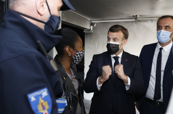  French President Emmanuel Macron meet people in drug point dismantled in La Mosson neighborhood during his visit in Montpellier, France on April 19, 2021.Macron and his Minister of Interior, Gerald Darmanin, make a one day visit to Montpellier on the theme of security and policing.Photo by Patrick Aventurier/Abacapress