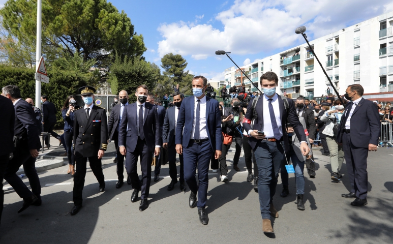  French President Emmanuel Macron meet in La Mosson neighborhood during his visit in Montpellier, France on April 19, 2021.Macron and his Minister of Interior, Gerald Darmanin, make a one day visit to Montpellier on the theme of security and policing.Photo by Patrick Aventurier/Abacapress