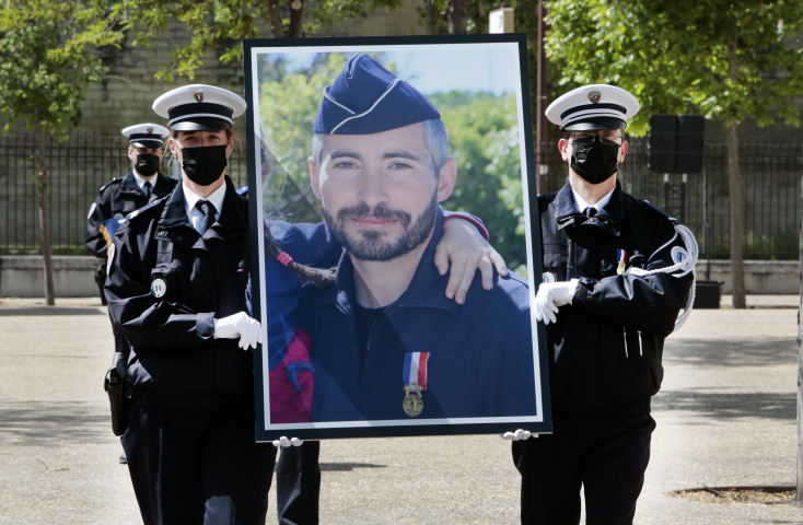  French Prime Minister Jean Castex , French Interior Minister Gerald Darmanin and French Justice Minister Eric Dupond-Moretti attend a ceremony to pay tribute to police officer Eric Masson.The French police officer who was shot dead ( on May 5) during an anti-narcotics operation in the city of Avignon, South of France on May 11, 2021. Photo by Patrick Aventurier/Abaca