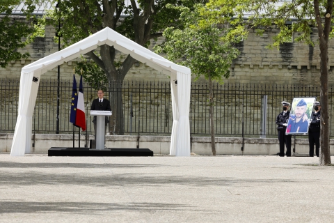  French Prime Minister Jean Castex , French Interior Minister Gerald Darmanin and French Justice Minister Eric Dupond-Moretti attend a ceremony to pay tribute to police officer Eric Masson.The French police officer who was shot dead ( on May 5) during an anti-narcotics operation in the city of Avignon, South of France on May 11, 2021. Photo by Patrick Aventurier/Abaca