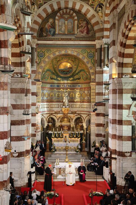  Notre Dame de la Garde, Marseille. Pope Francis visits the Basilica of Notre Dame de la Garde (the Good Mother) at the invitation of Cardinal Jean-Marc Aveline as part of the Rencontres Mediterraneennes 2023 on September 22 in Marseille, France. Photo by Patrick Aventurier/Abacapress.