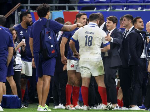  France's injured scrum-half and captain Antoine Dupont  during the France 2023 Rugby World Cup Pool A match between France and Italy at the OL Stadium in Lyon, south-eastern France on October 6, 2023. Photo by Patrick Aventurier/Abacapress.