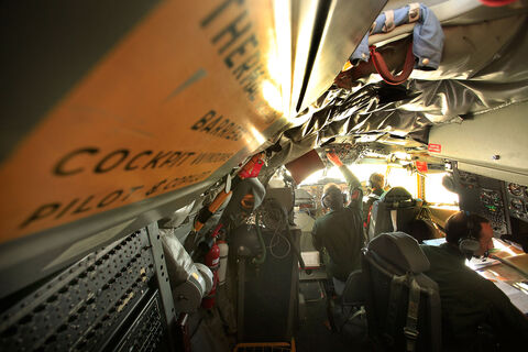  ISTRES, FRANCE - APRIL 09:  French air force crew in airbone  C.135 refuelling tanker aicraft during the mission over Libya.French air operation "Harmattan", the non-fly zone in the critical region on Benghazi  continue in accordance with the United Nations.on April 9, 2011 in Istres, France.  (Photo by Patrick Aventurier/Getty Images)